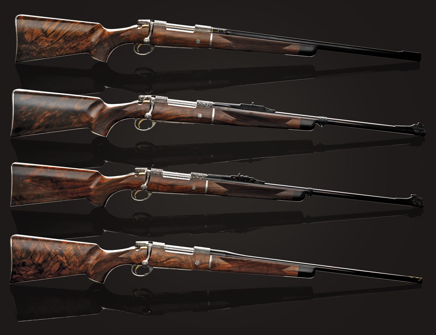 Odin is the main god in Norse mythology. He is the ruler of Asgard and has a multifaceted role. He is also closely connected to certain animals, not least the two ravens, Huginn and Muninn, who fly all over the world to bring him information. This rifle, like the others, was crafted in a unique design with 24k gold inlays and features two barrels.Midvinterblot is a famous painting created by Carl Larsson that depicts a legend where a Swedish king was sacrificed to avert a famine.Thor is a widely talked-about god, a hammer-waving protector of mankind and the gods, closely associated with thunder and lightning and his many adventures.Loke is a complex and mischievous deity known for his cunning, shape-shifting abilities, and his role as both a trickster and a catalyst for chaos among the gods.